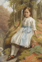 James Barnes, Portraits of girls seated by a woodland stream; a pair, oil on canvas