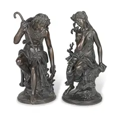 Jean Bulio, pair of patinated bronze figures of a shepherd and his female companion, patinated bronze