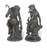 Jean Bulio, pair of patinated bronze figures of a shepherd and his female companion, patinated bronze