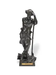 Eugène Marioton, patinated bronze figure of a farm hand, patinated bronze
