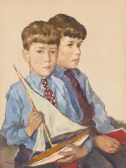 Lotte Laserstein, Zwei Jungen mit Segelboot, 1938, Öl auf Papier, fest auf Hartfaser montiert