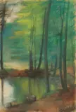 Lesser Ury, Buchenwald mit Bach“. 1890er-Jahre, Pastell auf Pappe