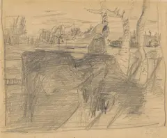 Paula Modersohn-Becker, Vorzeichnung zur Radierung ,Die Frau mit der Kuh‘, verso: Sitzende Bäuerin mit Kind auf dem Schoß / Birkenstämme, 1899, Bleistift auf Papier, beidseitig bezeichnet