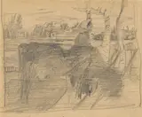 Paula Modersohn-Becker, Vorzeichnung zur Radierung ,Die Frau mit der Kuh‘, verso: Sitzende Bäuerin mit Kind auf dem Schoß / Birkenstämme, 1899, Bleistift auf Papier, beidseitig bezeichnet