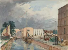 Blick über den Salzgraben auf das Salzmagazin im Neuen Packhof in Berlin by Friedrich Wilhelm Klose, Um 1838, Aquarell auf Papier, sold Nov 2024
