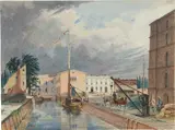 Friedrich Wilhelm Klose, Blick über den Salzgraben auf das Salzmagazin im Neuen Packhof in Berlin, Um 1838, Aquarell auf Papier