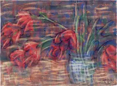 Blumenstilleben“ (Rote Cassie) by Christian Rohlfs, 1930, Tempera auf genarbtem Velin, sold Nov 2025