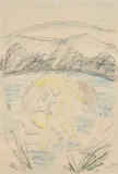 Otto Mueller, Badendes Mädchen im See, Um 1923, Farbkreiden auf Papier