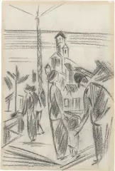 Leute auf der Brücke by August Macke, 1914, Kohle auf Bütten, sold Nov 2025