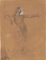 Anselm Feuerbach, Aktstudie zum Alkibiades („Das Gastmahl des Plato“). Wohl um 1866/67, Schwarze Kreide und Deckweiß auf braunem Papier (Wasserzeichen: FRERES DE CANSON)