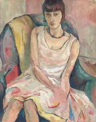 Anta Rupflin, Junge Frau mit Pagenkopf im Sessel sitzend (Frl. List?), Um 1925, Öl auf Leinwand
