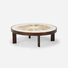 coffee table by Roger Capron, c. 1965, stained wood, glazed earthenware, sold Mar 2020