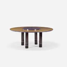 Dakota Jackson, dining table, c. 1995, cherry, ebony inlay, African satinwood, lacquered wood