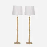 Tommi Parzinger, floor lamps, pair, c. 1955, carved and cerused oak, Bakelite, milk glass, brass-washed metal, string