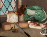 Still life of food with a cat stalking a mouse by English School, oil on canvas, sold Feb 2021