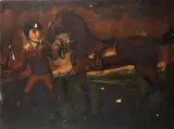English Naïve School, A jockey with a horse in a landscape, oil on canvas