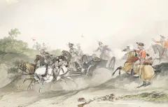 John Augustus Atkinson, The 1st King's Dragoon Guards at Waterloo, watercolour and pencil