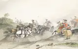 John Augustus Atkinson, The 1st King's Dragoon Guards at Waterloo, watercolour and pencil