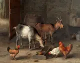 Edgar Hunt, Goats and chickens feeding in a farmyard interior, oil on canvas