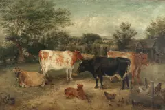 Edwin Frederick Holt, Cows in a farmyard with chickens and chicks, oil on canvas