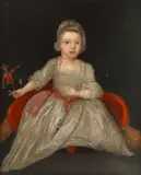 British School, A primitive school portrait of a young girl, seated, holding a puppet of a soldier (or an Indian servant) and with a silver rattle at her waist