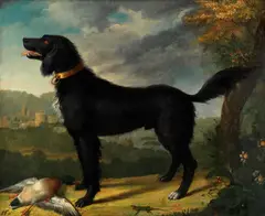 Roman School, A black retriever with a lizard and a dead duck in a landscape, oil on canvas
