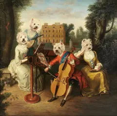 Thierry Poncelet, West highland white terriers as a Regency band performing in the gardens of a country house, oil on panel