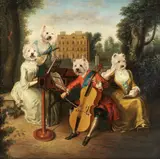 Thierry Poncelet, West highland white terriers as a Regency band performing in the gardens of a country house, oil on panel