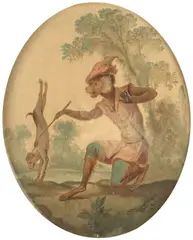 Christophe Huet, A pair of singerie works depicting monkeys training a dog, oil on canvas laid to board