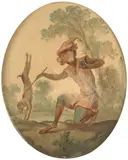 Christophe Huet, A pair of singerie works depicting monkeys training a dog, oil on canvas laid to board