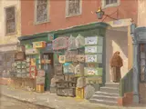 Charles Frederick William Dening, Going cheep - The Old Pet Shop on the Horsefair, Bristol, oil on canvas
