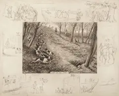 Frank Paton, A set of ten etchings complete with a focal subject and surrounded by smaller satirical and comic images in reference to the central title, etching