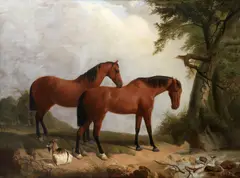 James Walsham Baldock, Two bay horses in a landscape with a goat at rest, oil on canvas