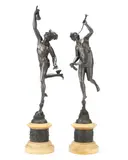 Giambologna, pair of early 20th century patinated bronze figures of Mercury and Fortuna, patinated bronze