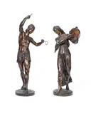 Baron Charles-Arthur Bourgeois, pair of patinated bronze figures of Egyptian dancing musicians, patinated bronze