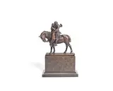Hans Guradze, patinated bronze equestrian figural group of a Medieval knight on horseback embracing a nude maiden, possibly Lady Godiva, patinated bronze