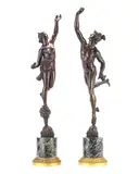 Giambologna, pair of late 19th century patinated bronze figures of Mercury and Fortuna, patinated bronze