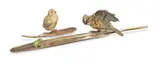 Franz Xaver Bergmann, cold painted bronze model of a bird and a frog on feather base and a similar smaller unmarked cold painted bronze model of a chick, cold painted bronze