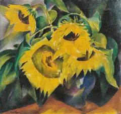 Adolf de Haer, Sonnenblumen in blauer Vase, Um 1920, Öl auf Leinwand