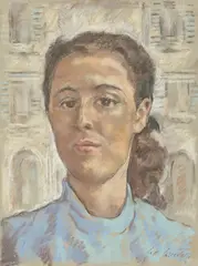 Lotte Laserstein, Porträt mit blauem Pullover, Pastell auf grauem Bütten