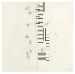 Jorinde Voigt, Versus / Unus V“ (Konvex-Konkav Richtungsfelder / Elektri­zität; Subwoofer, Loop, Repeat / day, Unique; Melodie- Parameter, Zäsur; Richtungsangabe N-S; Rotationsrichtung, Umdrehung / min.; Zentren; Po, 2010, Tinte und Bleistift auf Papier