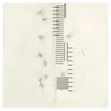 Jorinde Voigt, Versus / Unus V“ (Konvex-Konkav Richtungsfelder / Elektri­zität; Subwoofer, Loop, Repeat / day, Unique; Melodie- Parameter, Zäsur; Richtungsangabe N-S; Rotationsrichtung, Umdrehung / min.; Zentren; Po, 2010, Tinte und Bleistift auf Papier