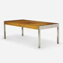 Pace Collection, executive desk, c. 1975, chrome-plated steel, burlwood veneer
