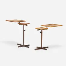 Embru, adjustable tiered tray tables, set of two, c. 1950, rosewood, copper-plated steel, plastic