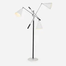 Koch & Lowy, floor lamp, c. 1960, chrome-plated steel, enameled aluminum, marble, stitched leather