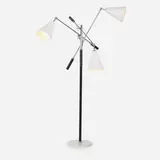 Koch & Lowy, floor lamp, c. 1960, chrome-plated steel, enameled aluminum, marble, stitched leather