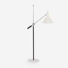 Koch & Lowy, floor lamp, c. 1960, chrome-plated steel, enameled aluminum, stitched leather