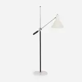 Koch & Lowy, floor lamp, c. 1960, chrome-plated steel, enameled aluminum, stitched leather
