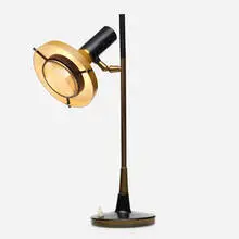 Oscar Torlasco, table lamp, c. 1960, brass, enameled brass, enameled aluminum, glass