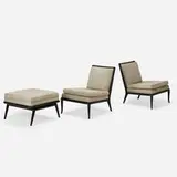 T. H. Robsjohn-Gibbings, lounge chairs pair, and ottoman, c. 1955, lacquered wood, upholstery